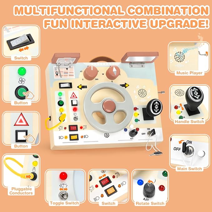 Joyreal Montessori Toddler Busy Board - Montessori Toys for 1 2 3 Years Old, Wooden Sensory Board with LED Lights, Steering Wheel, Music Player, Travel Toys for 1+ Year Old Boy & Girl Birthday Gift