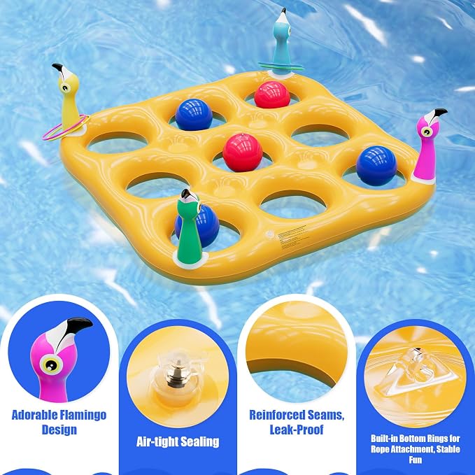 Flamingo Pool Toys Games Set, 2-in-1 Giant Inflatable Tic Tac Toe Float Game & Ring Toss Game with 10 Balls & 6 Rings, Outdoor Summer Fun Beach Yard Swimming Pool Games for Adults Teens Kids 6+