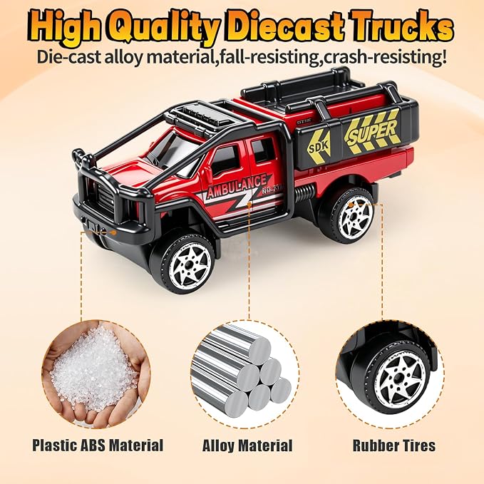 6 Pack Diecast Ambulance Toy, Mini Alloy City Rescue Emergency Vehicle Toys Playset Helicopter Toy Trucks for Boys Age 4-7 8 9 Years Old, Car Toys for Kids Toddlers Party Favors & Birthday Gift
