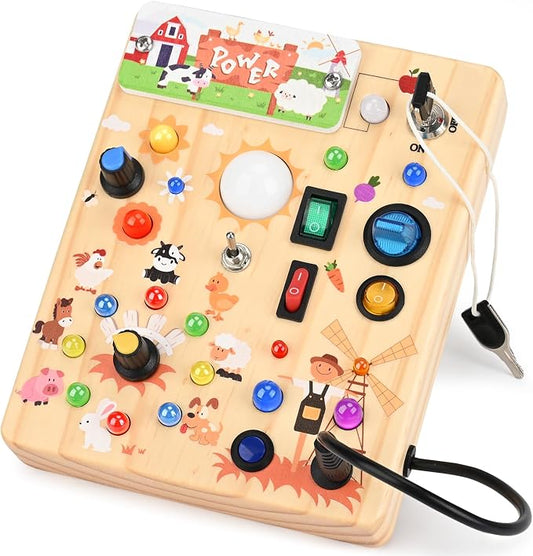 Busy Board for Toddlers 1-3 - Montessori Educational Sensory Toy with 10 Switches & 19 Lights, Activity Board for Fine Motor Skills, Travel Toys for 1+ Year Old Boy & Girl Birthday Gift（Farm Theme）