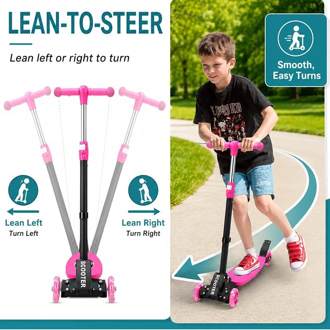 Kids Kick Scooter for 3-12,Lean-to-Steer 3 Wheel Scooter for Beginners with Light-Up Wheels,3 Adjustable Handlebar 27.5"–33",6-Inch Wide Deck,Rear Foot Brake,Foldable Scooter for Boys & Girls