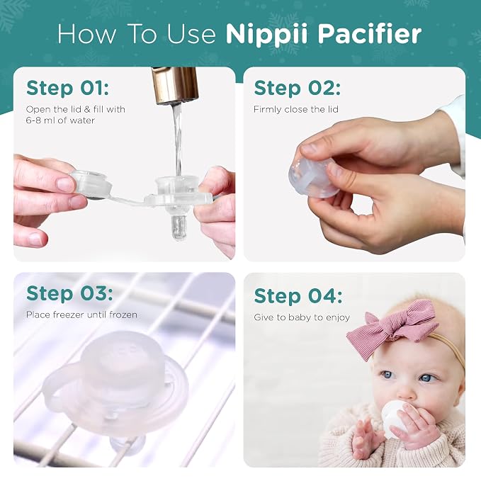 Nippii Freezable Teething Pacifier, Baby Teether Toys 0-9 Months, BPA Free | Hands-Free, Medical-Grade Silicone, Water-Fillable, Cold. Infant 0-3mo, Baby 3-6mo, 6-9mo. Made in USA, CPSC Compliant