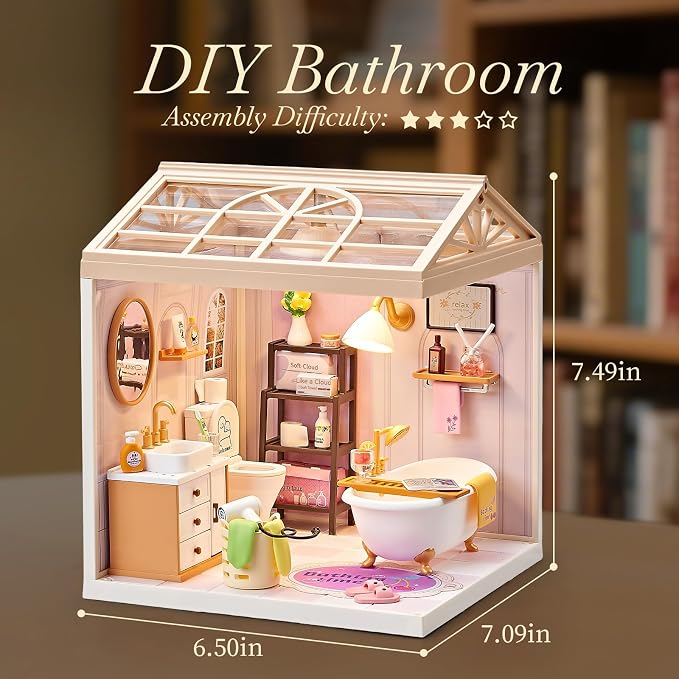 DIY Miniature Bathroom Kit with 101Pcs, 1:24 Scale Dollhouse Furniture with LED Light, Realistic Accessories & Connectable Base for Adults & Kids 8+