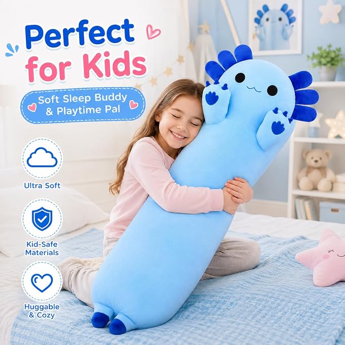 Long Axolotl Stuffed Animals 43.3, Soft Long Axolotl Plush Pillow Cute Plush Pillow Gifts for Kids Girlfriend, Blue