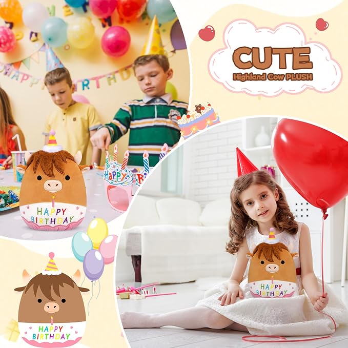 Birthday Highland Cow Plush Toy- 9inch Cute Birthday Highland Cow Stuffed Animal Pillows Toys, Soft Cow Stuffy Gifts Party Decoration for Kids Girls Boys