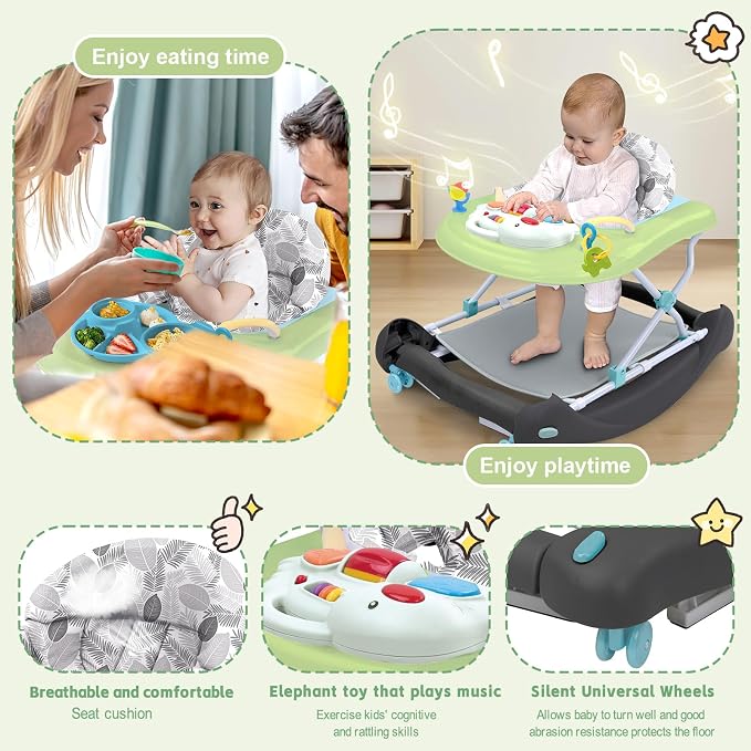 5 in 1 Foldable Baby Walker, Activity Baby Walker-Baby Bouncer, Rocker, Activity Center,Seat and Push Walker,Detachable Trampoline Mat, Adjustable Speed Rear Wheels and Height,Ages 6-18 Months(Green)