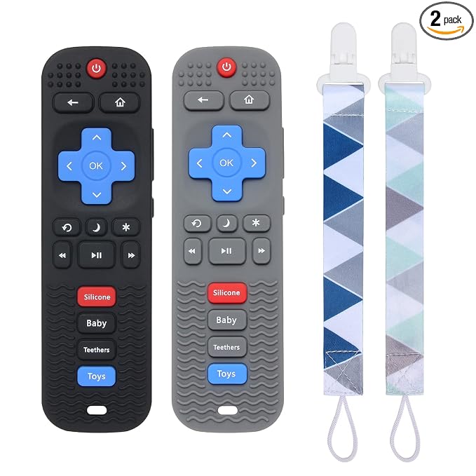 Eascrozn 2 Pack Silicone Baby Teething Toys, Remote Control Shape Teething Toys for Babies 6-12 Months, BPA Free, Soft and Textured Teether Relief Soothe Gums Baby Chew Toys