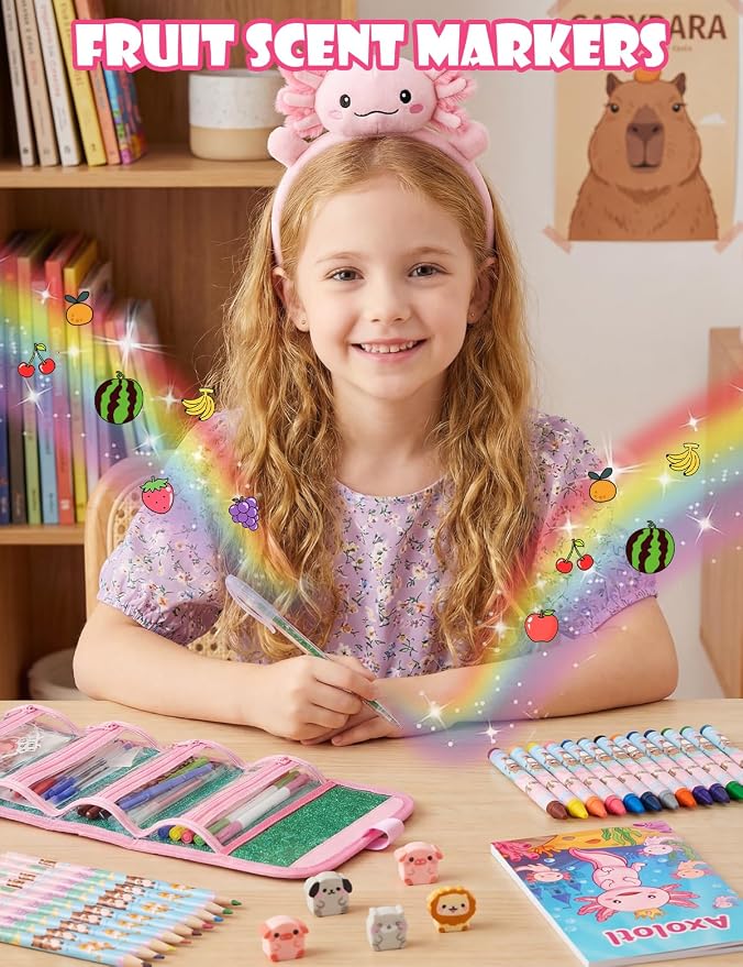 Defresit 129 PCS Washable Markers Set- Axolotl Gifts for Girls, Art Supplies for Kids with Glitter Pencil Case, Coloring Kits for Kids, Ideal Gifts for Birthday Christmas Back to School