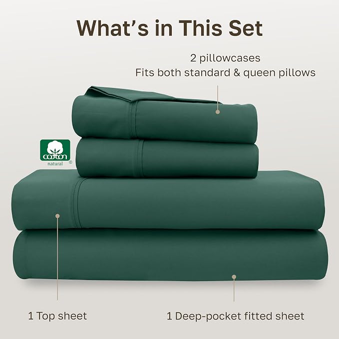 California Design Den Soft 100% Cotton Sheets Queen Size Set, 400 Thread Count Good Housekeeping Award Winner, Silky Sateen Weave with Deep Pockets, Long Staple Cotton Bed Sheet Set - Hunter Green