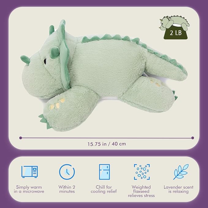 KOWSI® Microwavable 2 LB Weighted Stuffed Triceratops Animals Plush - 16 Inch Heated Dinosaur Plushie for Warmth & Comfort - Light Green Dino Squished Pillow - Cute Soft Toy for Adults & Children