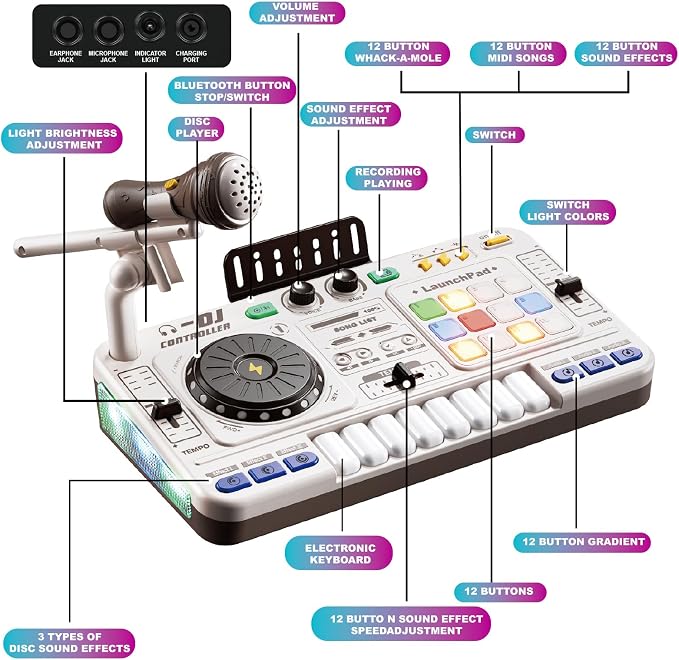 Tsomtto Kids DJ Mixer Controller Table Musical Toy Electronic Toy with LED Lights Sound Effect Microphone Piano, DJ Mixer Table Music Toys Birthday Gift Toys for 3 4 5 6 Year Old Boy Girl