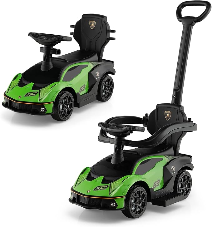 Costzon Push Cars for Toddlers, 3 in 1 Licensed Lamborghini Stroller Sliding Walking Car w/Handle, Armrest Guardrail, Underneath Storage, Horn, Foot-to-Floor Ride On Toy for Boys Girls (Green)
