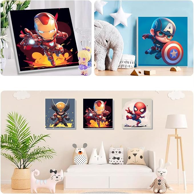 KOJEFCV 4 Pack Cartoon Paint by Numbers for Kids with Framed Canvas-with Wooden Easel, Paint by Number for Kids Ages 4-8-12, DIY Easy Acrylic Oil Painting Kits for Home Wall Decor (8X8inch)