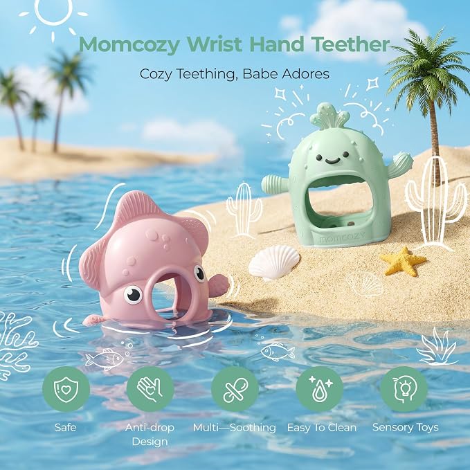 Momcozy Baby Teething Toys, Food Grade Silicone Baby Teether，Teething Mitten for Babies 0–6 Months，Teethers for Babies 6–12 Months，Anti Drop Wrist Teether, 200°C Heat-Resistant，Soft Pink
