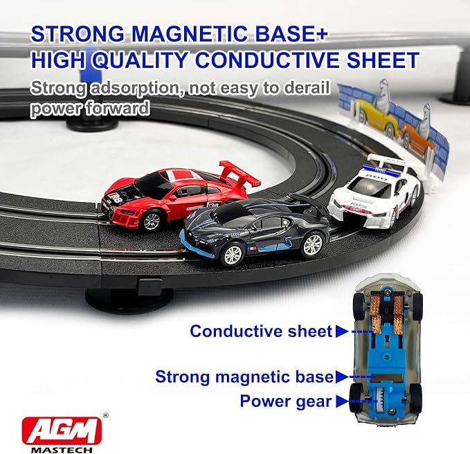 AGM MASTECH Slot Car Race Track Set, High Speed Series Tram Dual Track Set with 4 Licensed Racing Slot Cars, 2 Hand Controls, Track Parts and Lap Counter, 8.4M Long Track, Color Box