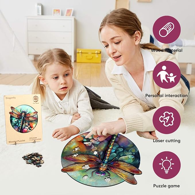 Mys Aurora Wooden Puzzles for Adults, Dragonfly Jigsaw Puzzles 200 Pieces, Unique Shaped Round Flower Puzzles for Adults and Kids, Family Game 11.2 x 10.8 Inch