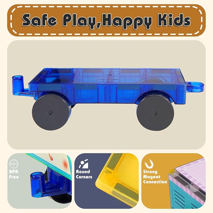 Magnetic Tiles Cars Construction Set for Kids, 30PCS Magnetic Building Tiles with 3 Car Bases & Crane, Train and Truck Magnet Blocks STEM Toys for Boys Girls Ages 3-8