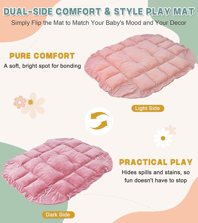 5-in-1 Baby Play Gym and Tummy Time Mat, 12 Learning Cards, Plush Activity Mat with 6 Toys, Baby Gym, Convertible to Ball Pit, Baby Gift, Light Pink