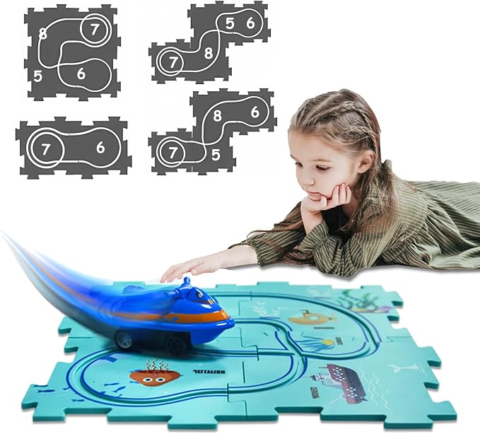 4 Year Old Boy Birthday Gift, Puzzle Racer Kids Car Track Set Puzzle Racer Car Track Set with Roadmap Puzzle Track Car Play Set Toys for 4 Year Old Boys (C-Ocean, Set3-5PCS)