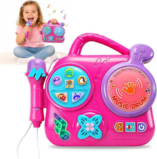 Kids Karaoke Machine with Microphone: Toddler Music Player & Light-Up Drum - Sound Toy with Handle for Boys Girls 3+, Pink