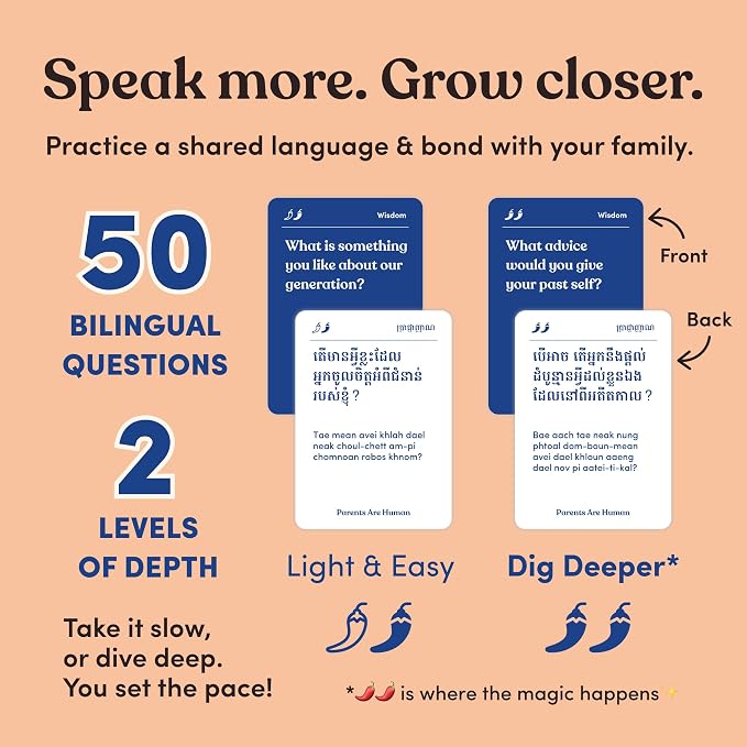 Parents Are Human, Relationship Cards, Get to Know Each Other Better, Parents, Families, Teens & Kids Relationship Building, Light & Deep Questions, 70 Questions & Activity Cards, English + Khmer