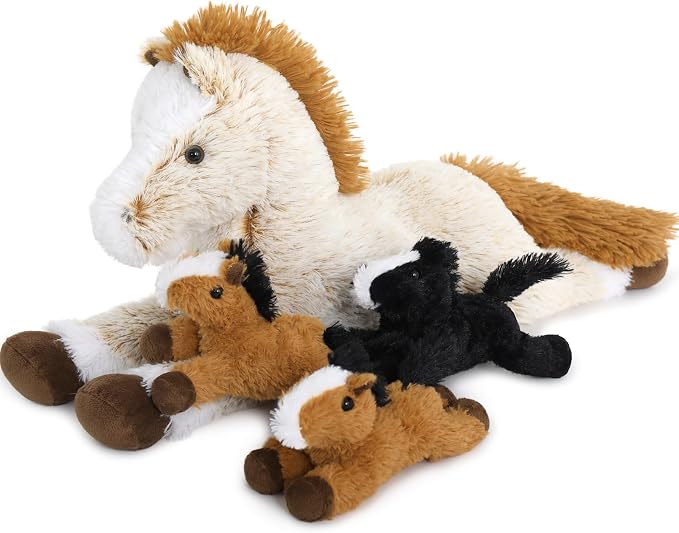 Tezituor 4Pcs Horse Stuffed Animal Set, 21inches Large Mommy Stuffed Horse with 4 Babies Pony Toys, Brown Stuffed Pony Plush Pillow for Boys Girls Birthday Gift Decoration