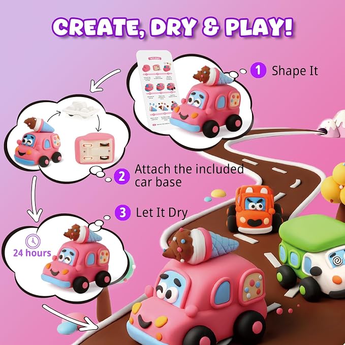 Air Dry Clay Kit for Kids - Pull Back Car Making, 3 Boxes Modeling Clay with Sculpting Tools, Base, Backing Board, Tutorial, Ultra Light & Soft, Non-Toxic & Safe, Creative DIY Arts and Crafts Toys