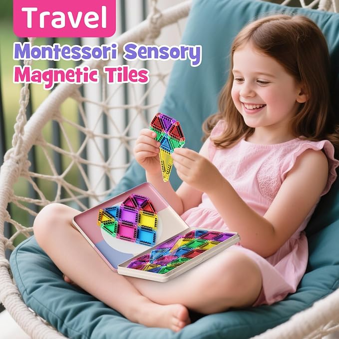 WMXDU Mini Magnetic Tiles with Iron Box, 42PCS Travel Size Magnet Building Blocks Toy Set, Protable Construction Block Toys Educational Learning Sensory Toys for 3+ Year Old Boys Girls Birthday Gift