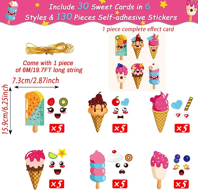 chiazllta 30 Packs Summer Ice Cream Craft Kits for Sweets DIY Sticker Art Craft Set for Early Home Day-Care Fun Game Activities Summer Party Favors