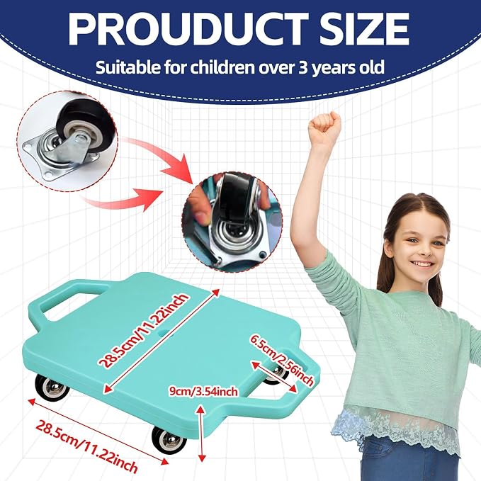 2 Pcs Sports Scooter Board with Handles Colored Floor Sitting Scooter Board with Plastic Casters for Kids Gym Indoor Outdoor Activities Play Equipment