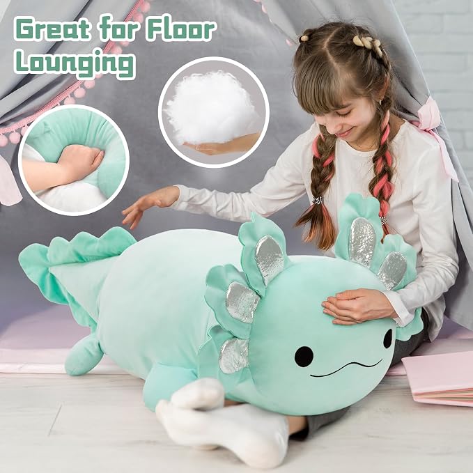 BENINY Large Axolotl Plush Toy, 39" Giant Mint Axolotl Stuffed Animal Plush, Big Huggable Toys Gift for Girls Kids, Long Squishy Pillow for Holiday Birthday Christmas