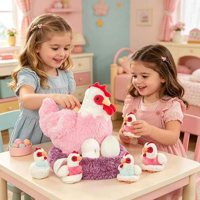 Youthfuljive 9 in 1 Chicken Stuffed Animal Set, Stuffed Chicken Plush Toy Egg Laying Hen with Zipper and Baby Chicks Toy Chickens Eggs and Chicken Coop Toys for Kids Toddler Birthday Farm Decor