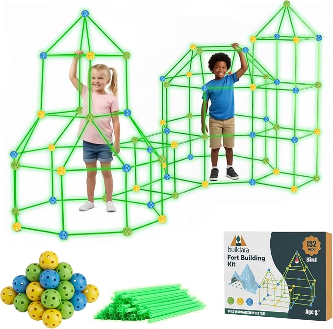 Fort Building Kit for Kids – 132 PCS Glow-in-the-Dark STEM Construction Toy with Starry Sheet & Light – Indoor Fort Builder for Boys & Girls Ages 3-8 – Creative Screen