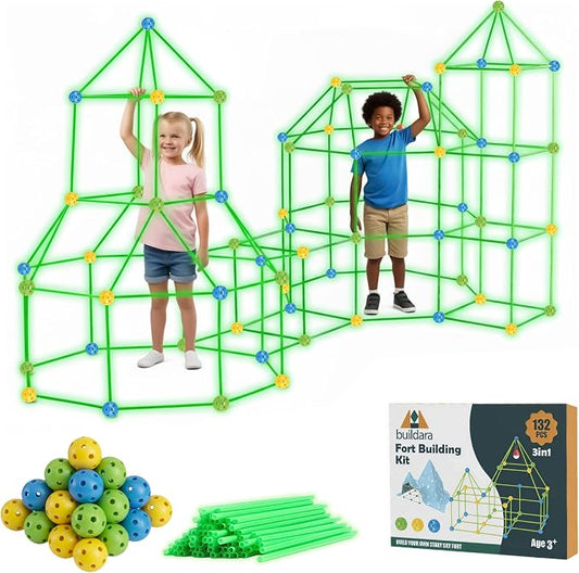 Fort Building Kit for Kids – 132 PCS Glow-in-the-Dark STEM Construction Toy with Starry Sheet & Light – Indoor Fort Builder for Boys & Girls Ages 3-8 – Creative Screen