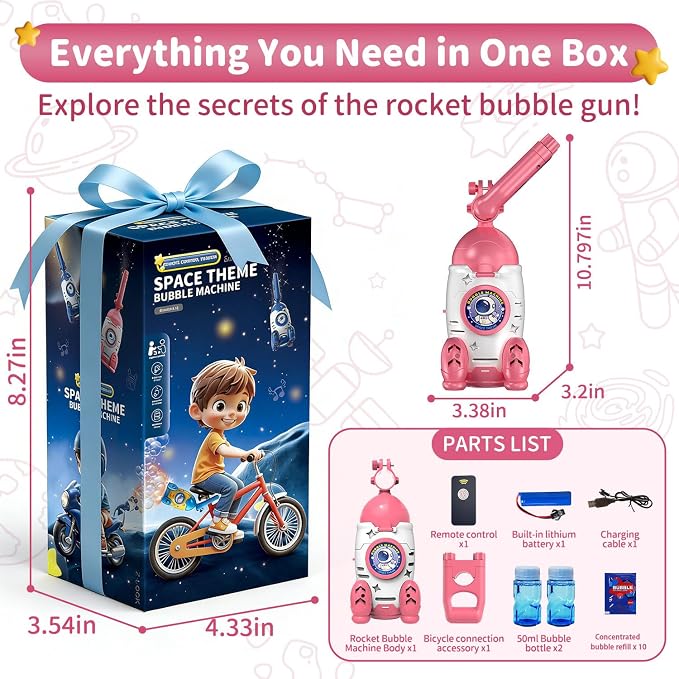 Bubble Gun for Kids, Automatic Rocket Bubble Machine, Handheld & Bicycle Use, Rechargeable Bubble Blower with Solution & LED Light, Summer Outdoor Toy, Gift for Boys Girls Age 3 4 5 6 7 8-12 (Pink)