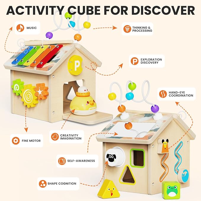 9-in-1 Wooden Activity Cube, Montessori Baby Activity Center Toys for 1+ Year Old Boys & Girls, Farm Theme Baby Cube with Car Toys & Shape Sorter, Educational Toy for Toddlers, Ideal Baby Gifts