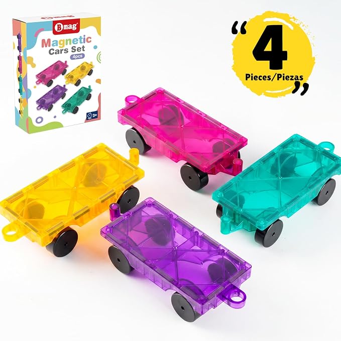 BAMG Magnetic Tiles Car Building Kit, 4 PCS Magnet Construction Trucks, STEM Educational Toys for Kids Ages 3-8, Engineering Vehicle Building Set, Sensory Learning Gifts for Toddlers Boys Girls