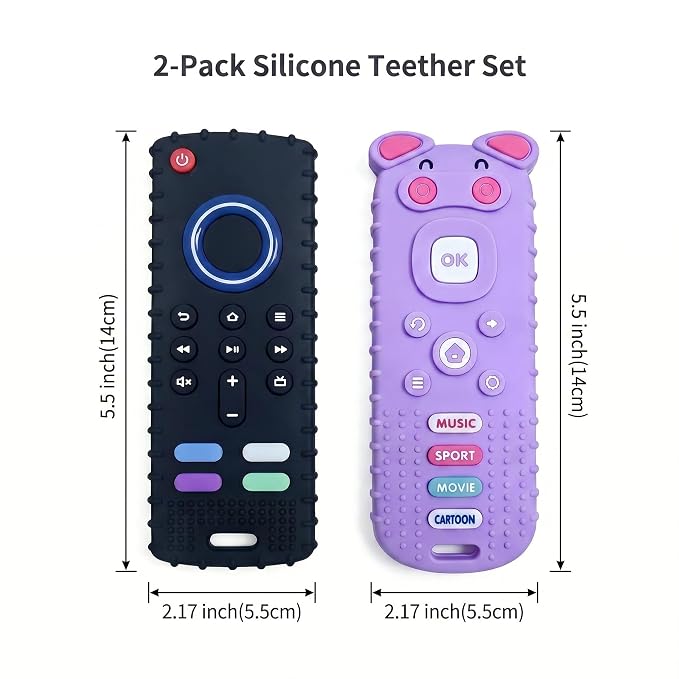 SOLIFEGOBLE 2 Pack Silicone Teething Toys, Cute Pig-Shaped Remote Control Style Teethers for Babies 6-18 18-24 Months, BPA-Free Soft Chew Toys for Teething Relief (Black+Purple)