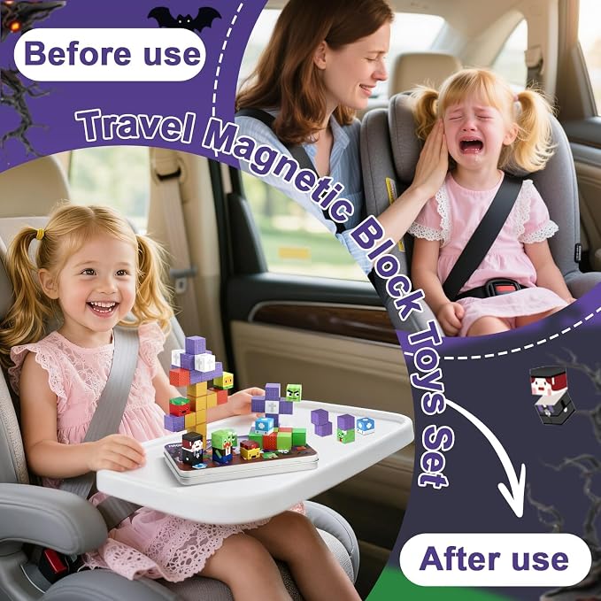 QOUBAI 45PCS Mini Magnetic Blocks Travel Toys, Magnet Building Cubes Tiles Set with Portable Iron Case, Learning Activities Gifts for Kids Toddlers Boys & Girls Ages 3-8 (Zombies)