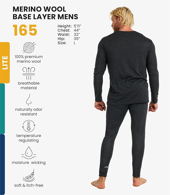 Merino.tech Merino Wool Base Layer Mens Set - Heavyweight, Midweight, Lite Merino Wool Thermal Underwear For Men Top, Bottom