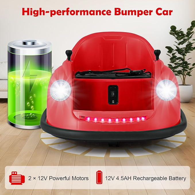 Costzon Bumper Car for Toddler, 12V Electric Kids Ride on Bumper Car with Remote Control, 360 Degree Spin, LED Lights, Music, Battery Powered Baby Bumping Toy Gift for Toddlers 2-5 Years Old (Red)