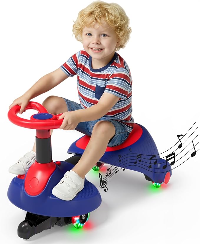 6V Electric Wiggle Car for Kids, 2-in-1 Ride On Swing Toy with Pedal, Adjustable Seat, 360° Steering, LED Flashing Wheels & Built-in Music, Anti-Rollover Ride-on Toy for Toddlers Ages 3+ Blue