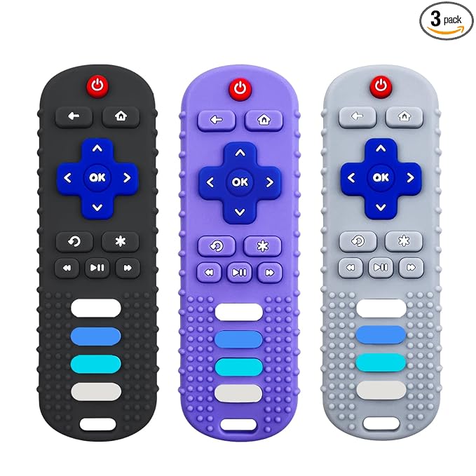 3Pcs Silicone Teething Toys, Remote Control Shape Teethers for Babies Remote Teething Toys, Silicone TV Remote Teether BPA Free/Dishwasher/Refrigerator Safe