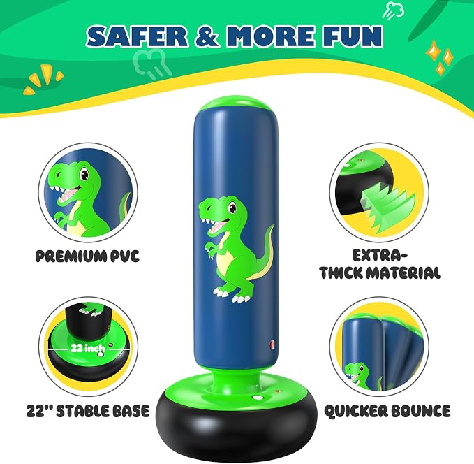 QPAU Inflatable Punching Bag, 48 Inch Stable Inflatable Boxing Bag for 3-6 Kids,Dinosaur Toy & Gifts for Boys and Girls, Kids Boxing Set for Practicing Karate, Taekwondo