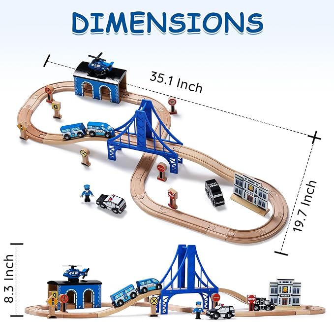 SainSmart Jr. Wooden Train Set - Interactive Police Playset for Kids | Building Toy with Train, Figures & Accessories | Compatible with Brio, Thomas, Melissa and Doug | Educational STEM Gift
