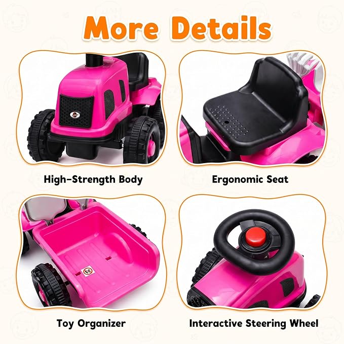 Kids Ride on Tractor, 2 in 1 Foot to Floor Push Car w/Detachable Trailer, Horn, Rake & Shovel, No Power Sliding Toy Gift for Toddlers, Outdoor Ride on Construction Vehicle (Pink)