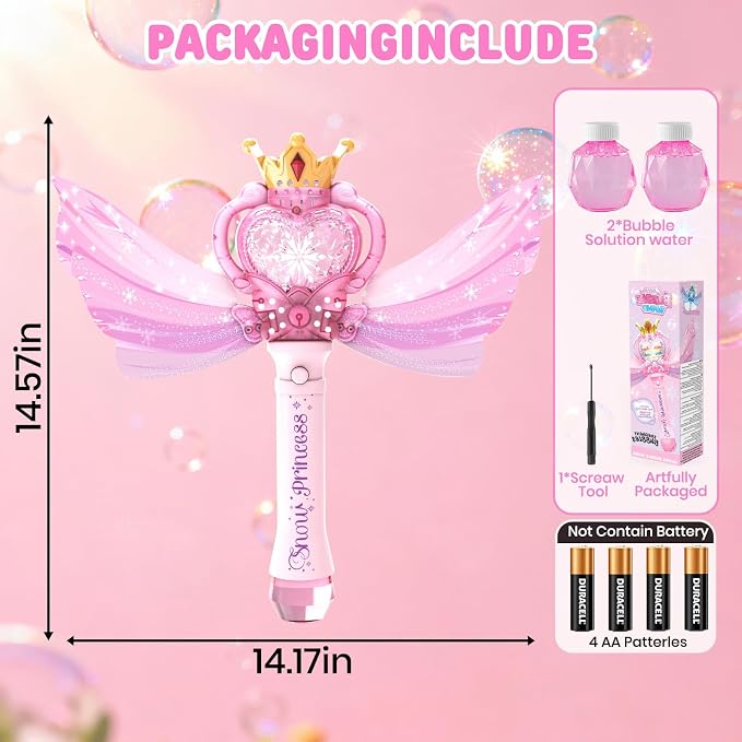 Princess Bubble Wand for Girls 3-12, Large Light Up Bubble Machine with Music, Detachable Sparkly Wings, Handheld Bubble Maker, Birthday Gift for Toddler Kids, Pink (Batteries Not Included)