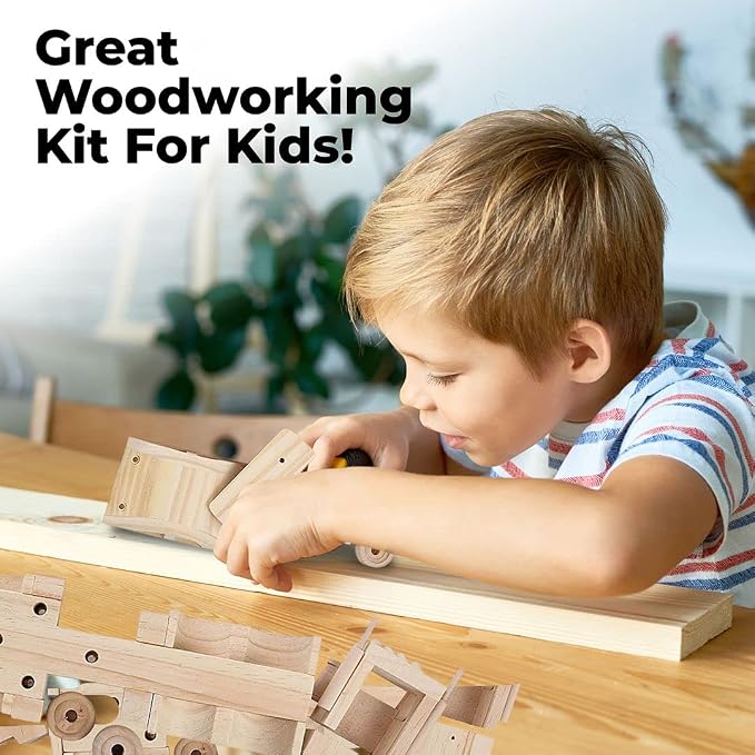 Kraftic Woodworking Building Kit for Kids and Adults, with 3 Educational DIY Carpentry Construction Wood Model Kit Toy Projects for Boys and Girls - Tow Truck, Birdhouse and Dump Truck