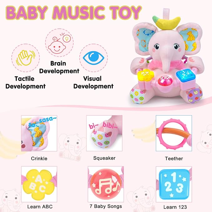 Ryotagift Baby Bilingual Musical Elephant Stuffed Animals Toys, Infant Early Learning Toy with Light-Up Music & Crinkle, Tummy Time Toys for 0 3 6 9 12+ Months for Baby Boy Girl Gift, Pink