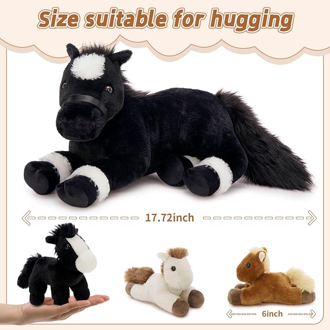 Tezituor 4-in-1 Horse Stuffed Animal Set, 18" Mommy Horse Plush with 3 Baby Pony Plushies Inside, Realistic Black Horse Plush Pillow, Soft Stuffed Pony Farm Gift for Girls Boys Kids